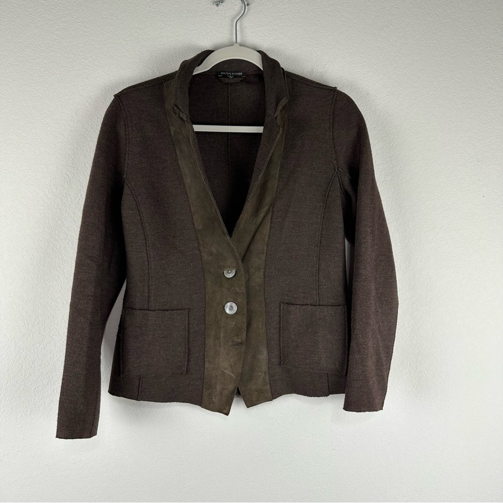 Eileen Fisher Brown Merino Wool Lamb Leather Two Button Blazer Jacket Size XS